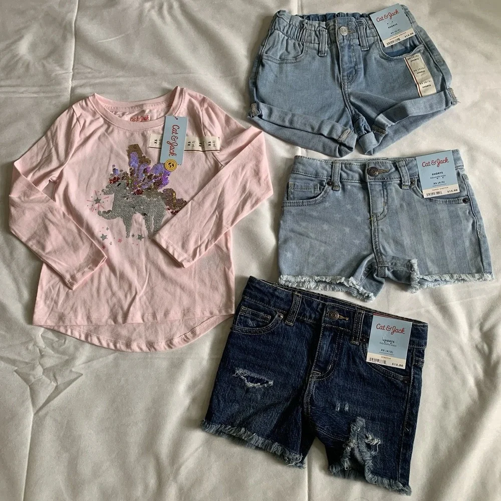 Cat&Jack‎ Toddler Girl Shorts & Long Sleeve Shirt Size XS -4-5 ) 4Piece Bundle